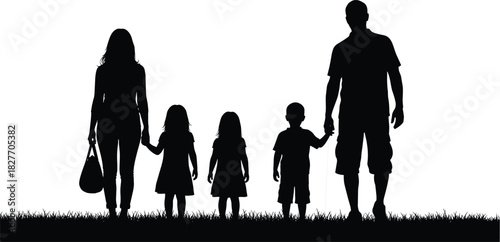 Silhouette of a family walking together outdoors on grass, representing unity, parenthood, childhood, bonding, love, support, togetherness, lifestyle, and relationships.