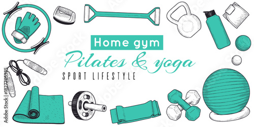 Fitness sketch. Hand-drawn home training. Yoga, health in gym. Line graphic for banner design. Sport lifestyle. Pilates equipment, mat and dumbbell. Frame for text. Vector training isolated elements