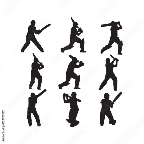 Cricket Batsman Action Silhouette Vector Set