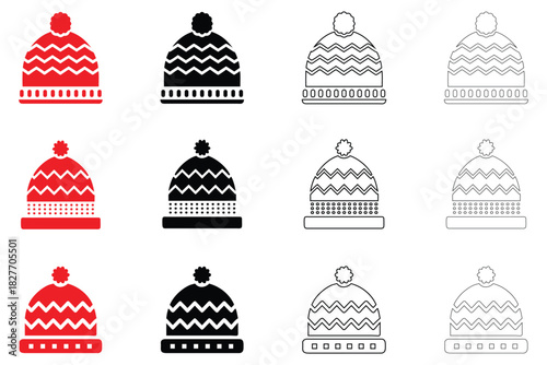 knitted winter hat vector icon, winter apparel hat vector, silhouette and line art