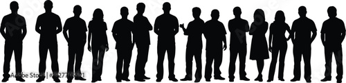 Silhouette illustration of diverse group of people standing together, representing community, teamwork, unity, communication, social connection, cooperation, and modern human concepts.