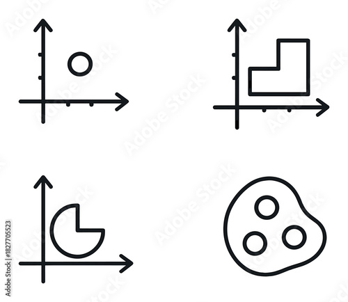 Abstract graph icon set on dark background: pie, histogram, scatter, line