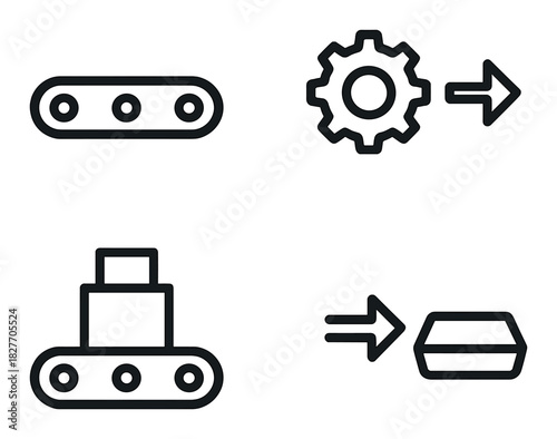 Minimalist industrial icon set with conveyor belts and gears