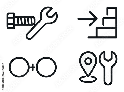 Minimalist tool and location icons with gear and chart designs on dark background