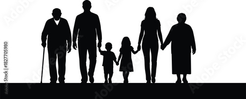 Silhouette of multigenerational family standing together, representing unity, support, diversity, care, parenting, childhood, and elderly connection for community, social, and family concepts.