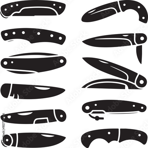 Variety of folding pocket knives in black silhouette on white background
