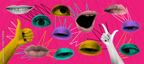 Y2K gossip. Vintage halftone art. Retro face collage. Abstract texture for poster. Speaking mouth. Peeking eye. Doodle sticker. Hand gesture. Graphic smile element. Vector social media garish design