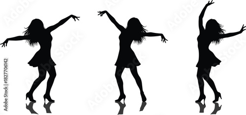 Silhouette of three dancing women performing graceful dance poses with flowing movement, elegance, rhythm, energy, style, freedom, and expressive artistic motion