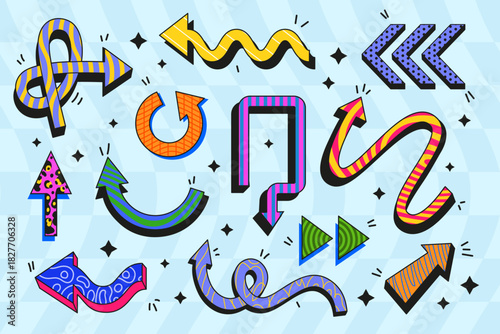 Retro arrow. Colorful infographic elements wavy and straight. Playful cartoon line patterns. Geometric way decoration. Vintage presentation navigation symbols. Vector tidy graphics flat isolated set