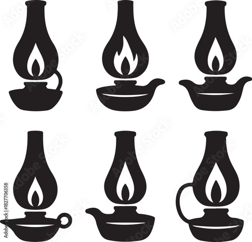 Vintage oil lamp collection in black and white antique style