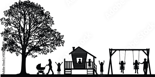 Silhouette scene of children playing in a park with swings, tree, playground house, and parent walking with stroller in peaceful environment.