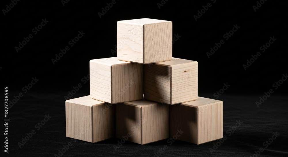 Obraz premium Arrangement of six wooden blocks stacked in a pyramid shape on a black surface in a studio setting