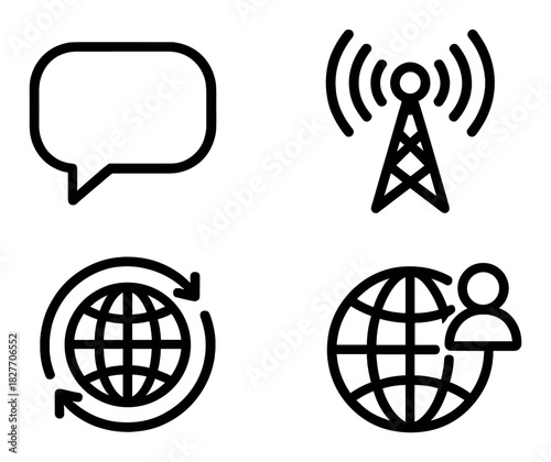 Communication icons: speech bubble, radio tower, global arrows, user globe connection