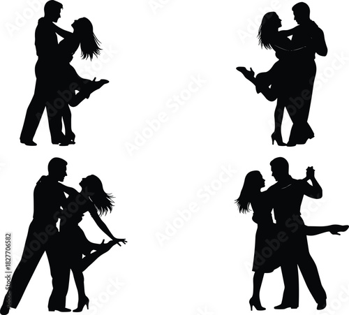 Silhouettes of dancing couples performing elegant romantic dance poses, showcasing movement, passion, partnership, celebration, performance art, and stylish choreography.