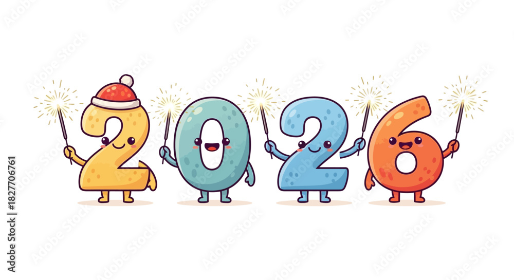 Naklejka premium Adorable cartoon numbers celebrating New Year 2026 with sparklers and festive cheer