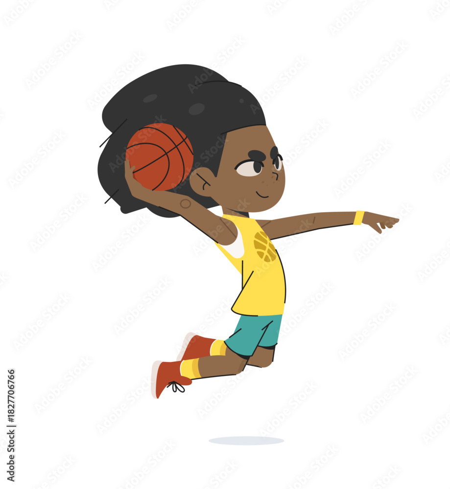 Naklejka premium African American Basketball Boy Character Performing a Dynamic Slam Dunk in Mid-Air, Energetic Cartoon Vector Illustration for Sport, School and Creative Projects.