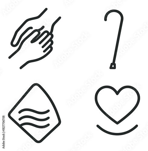 Symbols representing inclusion and support: hands, cane, tactile, heart