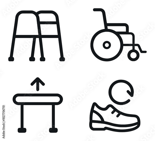 Disability assistance icons: walker, wheelchair, parallel bars, shoe