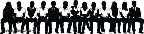 Silhouettes of diverse people sitting in a row representing teamwork, waiting, community, collaboration, group unity, social connection, and corporate or casual gathering