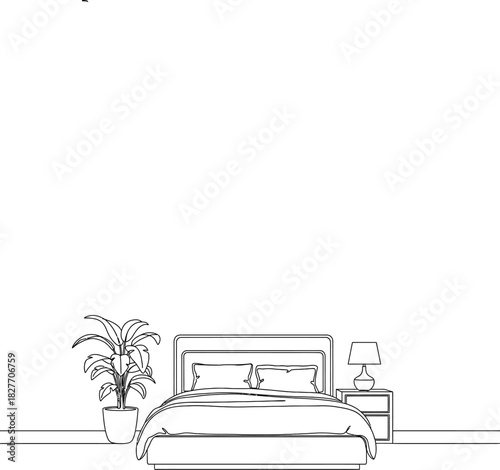 Bedroom interior with a double bed, furniture, and a plant. Nightstand with lamp and houseplant in pot. Monochrome outline design elements drawing 