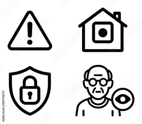 Security and surveillance icons: alert, home safety, privacy, elderly monitoring