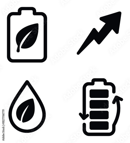 Eco-friendly energy icons: battery, leaf, arrow, droplet on dark background