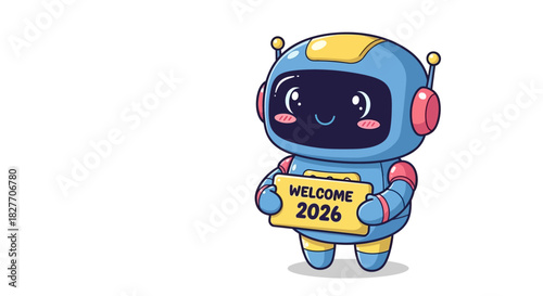Adorable robot welcomes you to 2026 with cute smile and futuristic design