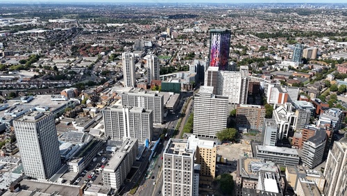 Colourfull apartment building Croydon town centre south London UK drone,aerial