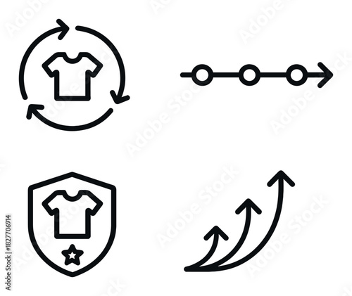 Black laundry icons: recycling, process, protection, growth arrows on dark background