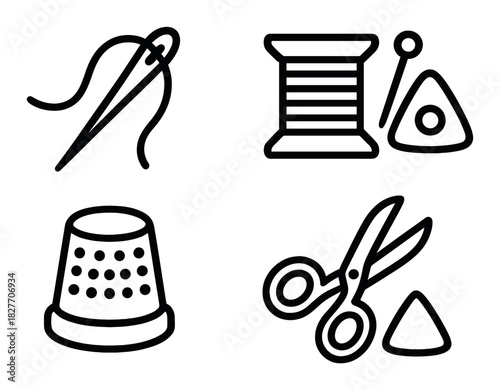 Sewing tools icons: needle, thread, thimble, scissors on dark background