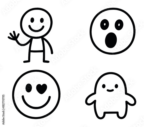 Minimalist smiley face icons: happy, surprised, loving, content emotions