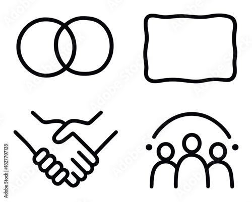 Black icon set: venn diagram, frame, handshake, people group on gray background