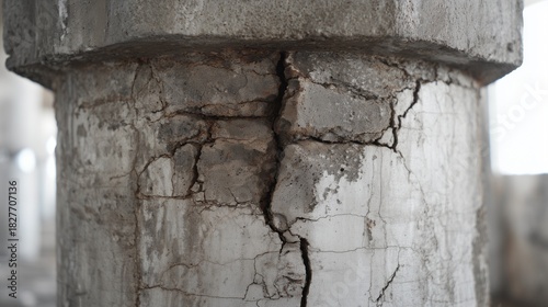 Concrete pillar with vertical and radial crack indicating pillar foundation repair need, structural damage and stabilization concept.