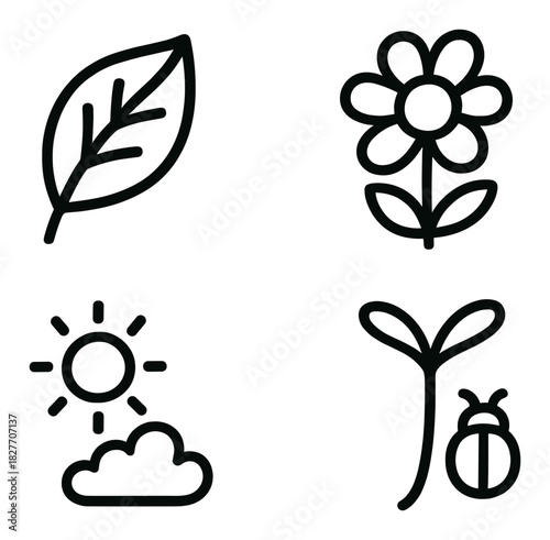 Nature icons: leaf, flower, sun, seedling, ladybug on yellow background