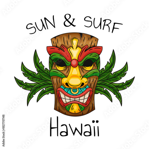 Sun and surf. Hawaii traditional idol mask. logotype, print and poster design. Colorful wooden statue face. Exotic tropical summer symbol. ritual head sign. Vector cartoon flat isolated illustration
