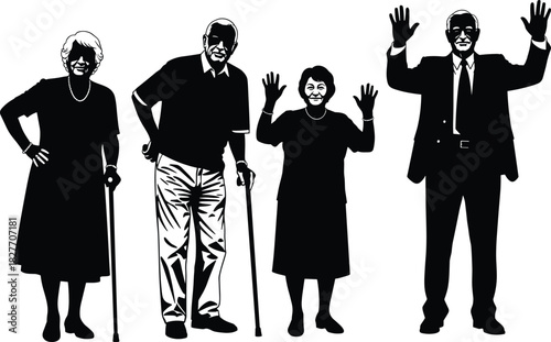 Silhouettes of elderly men and women standing with walking canes and waving hands, representing aging, senior lifestyle, community support, health, and wellbeing themes.
