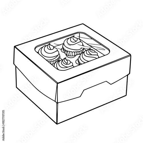 Cardboard Cupcake Box with Transparent Window Mockup Line Art Vector Icon