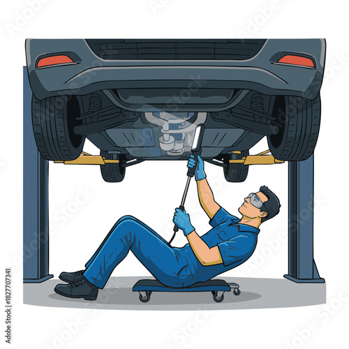 Skilled automotive technician performing maintenance on a vehicle raised on a lift in a modern repair shop
