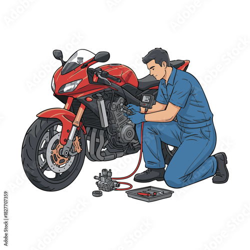 Mechanic performing maintenance on a red sport motorcycle, with tools laid out on the ground