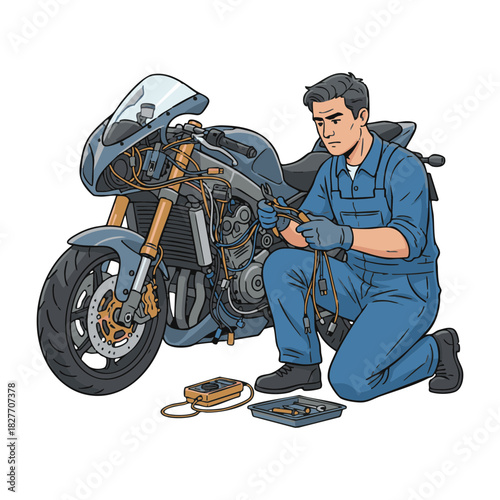 Illustrated male mechanic in blue overalls troubleshooting the electrical wiring system of a modern sport motorcycle on a white background