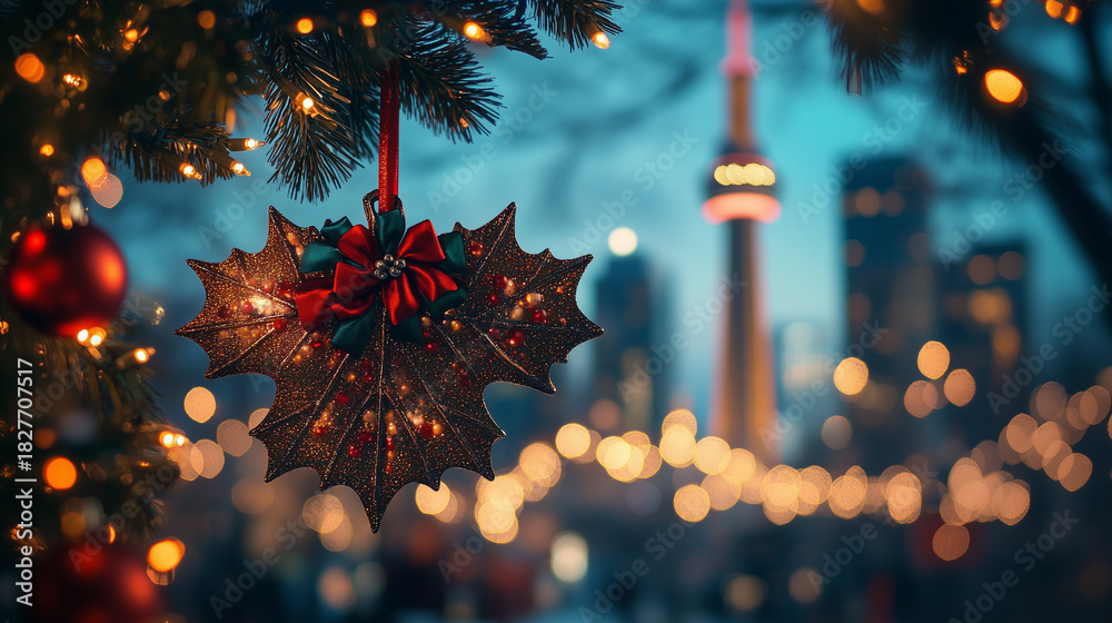 Naklejka premium Holiday decoration hangs from a pine tree branch with blurred city skyline in the background during winter evening in Toronto