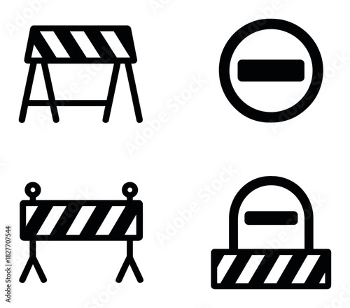 Black safety signs and barriers icons on dark background