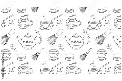 Hand-drawn matcha tea pattern for cafe packaging and culinary branding