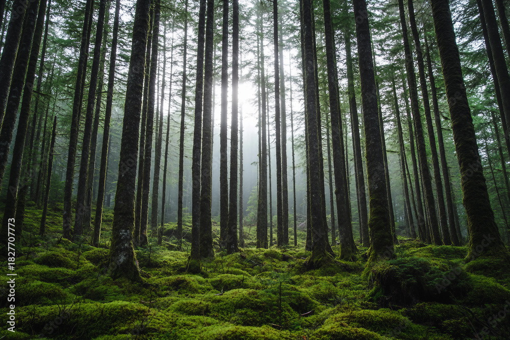 Obraz premium Sunlight filtering through dense lush forest canopy in vibrant green ecosystem landscape with moss and trees, generative ai