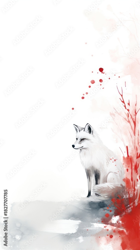 Naklejka premium Red and white fox chinese brush mammal animal paint.