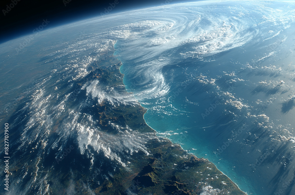 Fototapeta premium daytime satellite view of Sri Lanka surrounded by swirling cyclone clouds, with clean island contours, vibrant ocean blues, and soft natural daylight illumination.