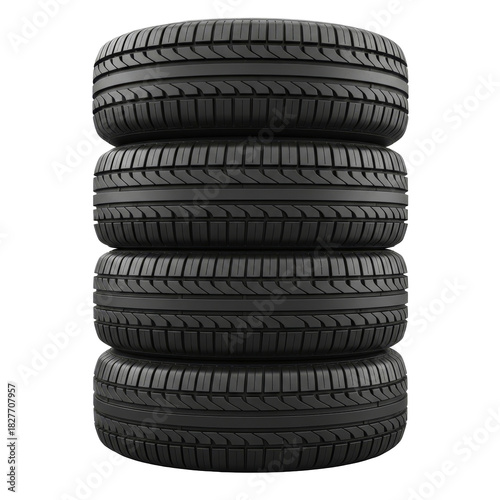 A stack of four black car tires neatly arranged on a transparent background.