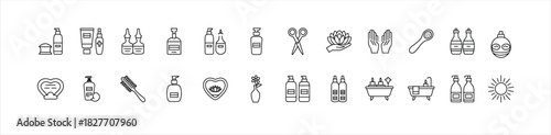 Beauty, skincare line. Cleanser Cosmetic icon line. Purifying, Gentle, Clear Complexion, Cleansing Foam, Refreshing Wash, Micellar Water, Balancing Toner, Exfoliating Scrub, vector illustration.