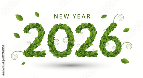 Eco-friendly New Year 2026 design with vibrant green leaves and natural elements