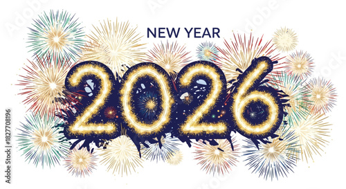 Celebrate the coming New Year 2026 with festive fireworks and bright illustrations